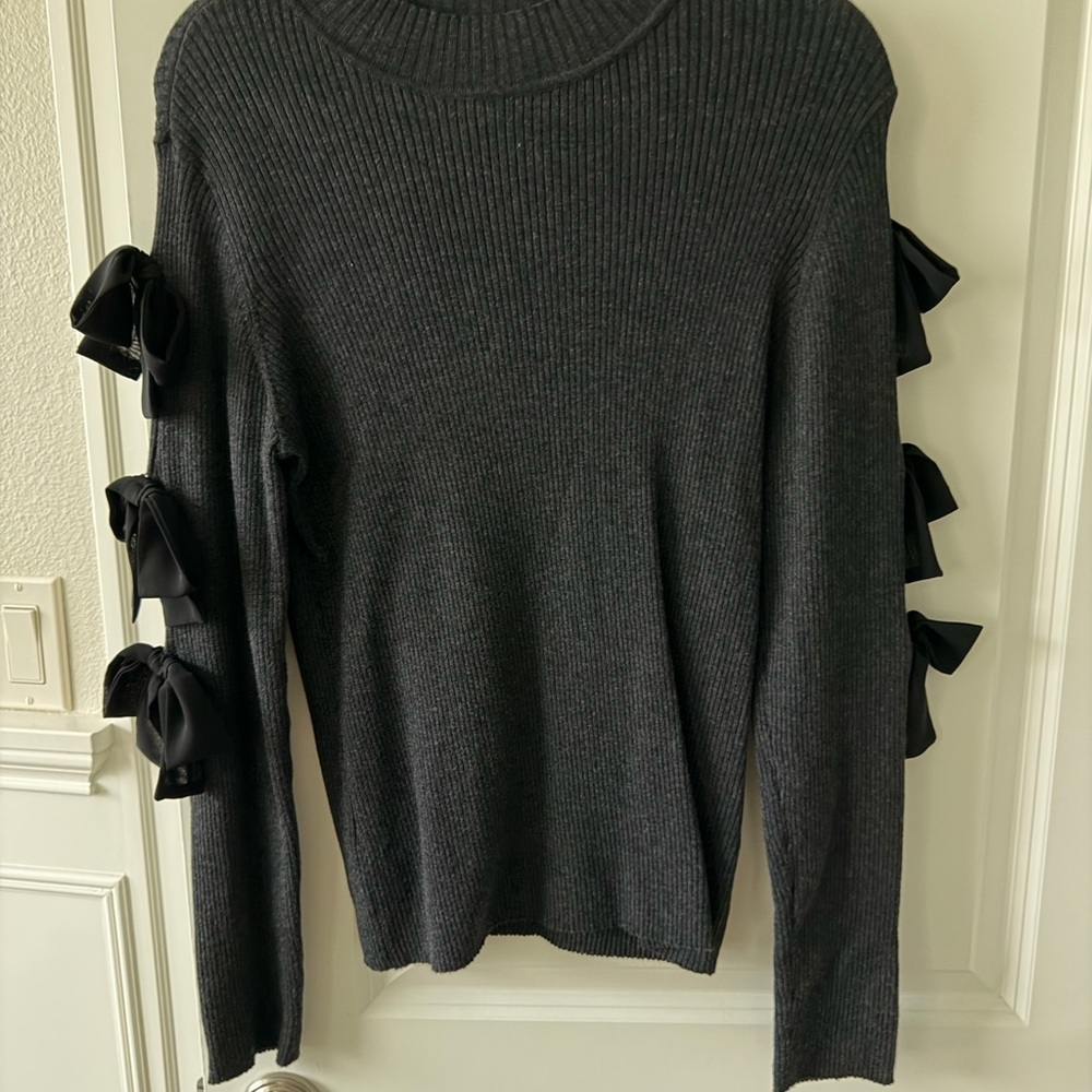 INC International Concepts Black Ribbed Sweater with Sleeve Bows